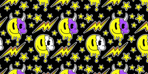 Psychedelic trippy Acid abstract characters and objects. In a cartoon style, a set of bright psychedelics, drip emoticons, skull and devil, lightning and stars. Pattern vector