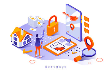Poster - Mortgage concept in 3d isometric design. Buyer takes bank loan to buy new house, concludes agreement with realtor, real estate business, web template with people scene. Vector illustration for webpage