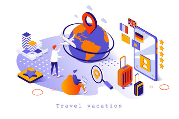 Fototapete - Travel vacation concept in 3d isometric design. Tourists go on vacation resort, fly by airplane other countries, global tourism trip, web template with people scene. Vector illustration for webpage