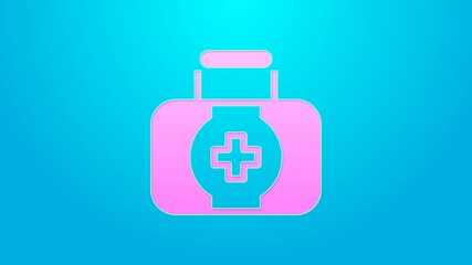 Canvas Print - Pink line First aid kit icon isolated on blue background. Medical box with cross. Medical equipment for emergency. Healthcare concept. 4K Video motion graphic animation