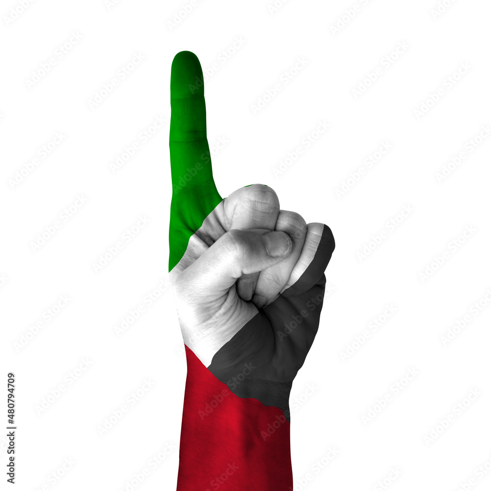 Hand pointing thumb up direction, united arab emirates painted with ...