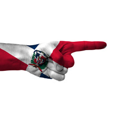 Hand pointing right side, dominican republic painted with flag as symbol of right direction, forward - isolated on white background