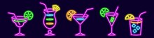 Popular Neon Glowing Cocktails With Straws. Bright Pina Colada With Pineapple Wedge And Purple Tequila Sunrise With Lemon. Colorful Cuba Libre And Rich Vector Screwdriver.