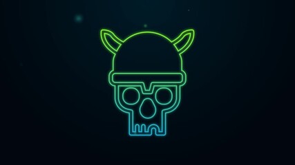 Wall Mural - Glowing neon line Skull with viking helmet icon isolated on black background. Happy Halloween party. 4K Video motion graphic animation