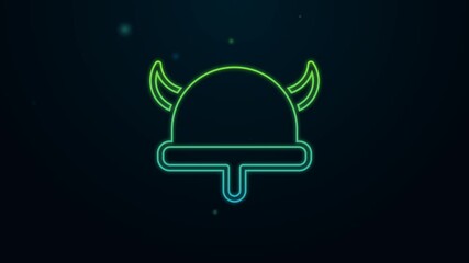 Poster - Glowing neon line Viking in horned helmet icon isolated on black background. 4K Video motion graphic animation