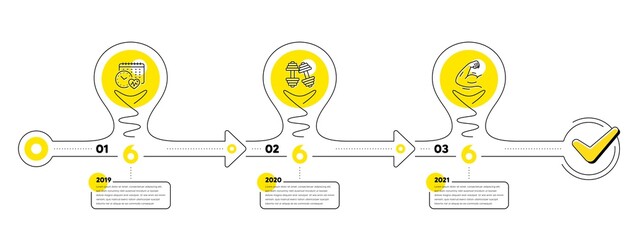 Wall Mural - Gym Infographic timeline with 3 steps. Lightbulb journey path infographics. Sport process diagram with Exercise schedule, Dumbbell, Strong muscle arm line icons. Timeline infograph diagram. Vector