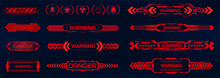 Futuristic Warning Signs In HUD Interface Style. Red Notification - Warning And Danger For Game UI, UX, GUI. Futuristic Sci-fi Callout Headings, Infobox Panels, Pop Up, Infobox. HUD Vector Elements