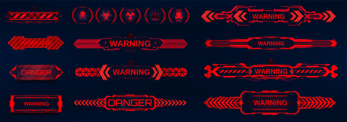 Poster - Futuristic warning signs in HUD interface style. Red notification - warning and danger for game UI, UX, GUI. Futuristic sci-fi callout headings, infobox panels, pop up, infobox. HUD vector elements