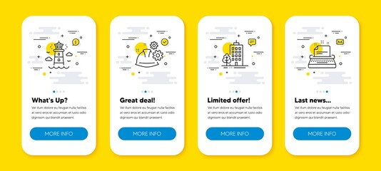 Poster - vector set of skyscraper buildings, working process and lighthouse line icons set. ui phone app scre