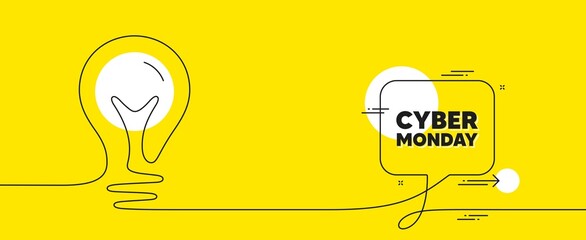 Poster - Cyber Monday Sale text. Continuous line idea chat bubble banner. Special offer price sign. Advertising Discounts symbol. Cyber monday chat message lightbulb. Idea light bulb yellow background. Vector