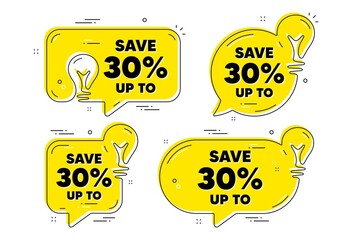 Poster - Save up to 30 percent. Idea yellow chat bubbles. Discount Sale offer price sign. Special offer symbol. Discount chat message banners. Idea lightbulb balloons. Vector