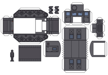 The paper model of a vintage khaki green military tracked vehicle