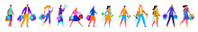 Vector Illustration Set, Collection Characters In Everyday Life, Walking Down Street With Shopping, Packages, Food. Images Are Of Men, Women, Young, Elderly, Teenagers, Pregnant Woman.