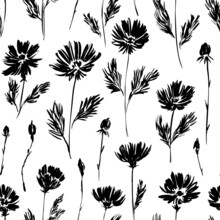 Silhouette Meadow Flowers Seamless Pattern. Hand Drawn Abstract Ditsy Flowers Ornament. Vector Botanical Black Ink Illustration. Retro Style Design For Textile, Wrapping Paper, Wallpaper Design