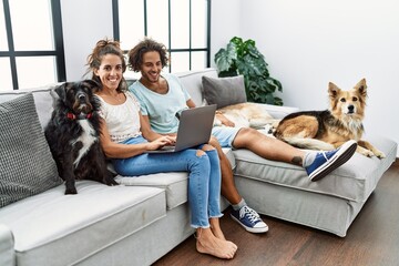 Sticker - Man and woman couple using laptop sitting on sofa with dogs at home