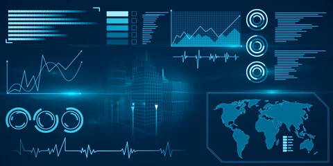 Poster - Abstract glowing digital business interface on blurry blue background. Finance, innovation, trade and growth concept. 3D Rendering.