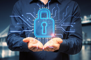 Poster - Close up of businessman hand holding abstract glowing padlock hologram on blurry night city background. Safety and digital security concept. Double exposure.