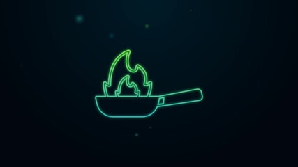 Poster - Glowing neon line Pan with fire icon isolated on black background. 4K Video motion graphic animation