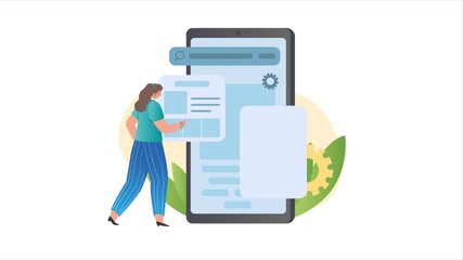 Wall Mural - Mobile app development process video concept. Clip with moving woman standing next to large smartphone and creating user interface for applications. Software programming. Graphic animated cartoon