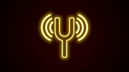 Canvas Print - Glowing neon line Musical tuning fork for tuning musical instruments icon isolated on black background. 4K Video motion graphic animation