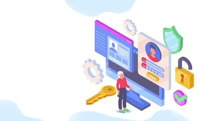 Aufkleber - personal data protection video concept. young moving woman stands next to computer screen and gets a