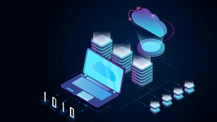 Poster - cloud storage video concept. digital clip with open moving laptop and convenient server for storing 