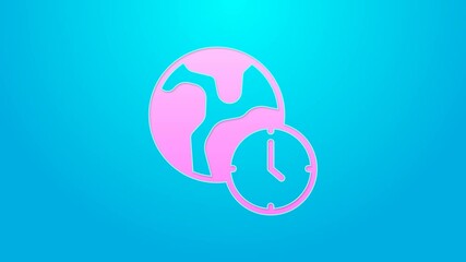 Sticker - Pink line World time icon isolated on blue background. 4K Video motion graphic animation