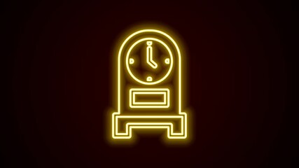 Poster - Glowing neon line Antique clock icon isolated on black background. 4K Video motion graphic animation