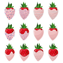 Vector Set Of Strawberries Covered With Pink Chocolate Decorated With Confectionery Topping And Coconut Flakes Isolated On White Background.
