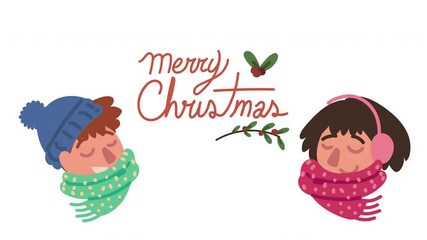 Poster - happy merry christmas lettering with kids couple