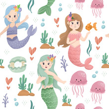 Mermaid Seamless Pattern Background. Cute Little Mermaid And Fish Underwater Background For Print.