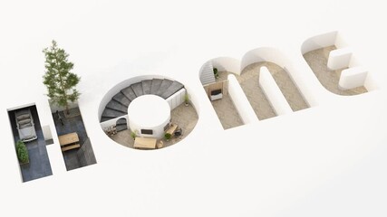 Poster - Isometric home office in home alphabet shape, concept of work from home, goal of life, Work Life Balance with furniture used in daily life. in white and wood tones, 3D rendering stop motion looped