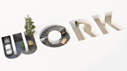 Poster - Isometric home office in WORK alphabet shape, concept of work from home, goal of life, Work Life Balance with furniture used in daily life. in white and wood tones, 3D rendering stop motion looped