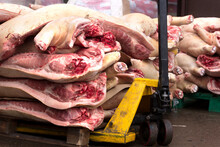 Fresh Pork Carcasses Lie In A Heap On A Pallet Ready For Transport To The Store