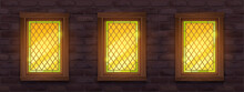Old Brick Wall With Glow Stained Glass Windows At Night. Vector Cartoon Illustration Of Medieval Building Facade With Mosaic Windows In Wooden Frame And Stone Wall