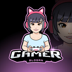 Wall Mural - Cute gamer girl with headset esport mascot logo template for streamer or badge