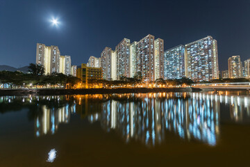 Wall Mural - High rise residential building of public estate in Hong Kong city at night