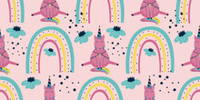 Scandinavian Unicorn Seamless Pattern With Rainbow And Flower. A Pink Horse With A Horn Sits On A Dark Background.Children's Textile With A Bright Rainbow