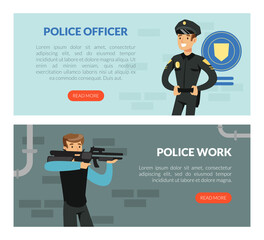 Poster - Landing Page with Police Officer Work with Man Aiming with Gun Vector Template