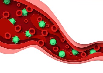 Bacterial or viral infection in blood, vector paper cut illustration. Medical poster, banner template with copy space.