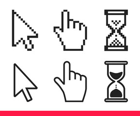 Leinwandbilder - Pointer hand, arrow and hourglass loading clock mouse cursors icon sign graphic element flat style design vector illustration set. Simplistic pictogram indicator sign, endless time process idea.