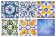 Watercolor ceramic tiles collection. Square vintage hand-drawn ornament.