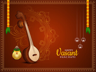 Wall Mural - Happy Vasant Panchami festival background with musical instrument Veena