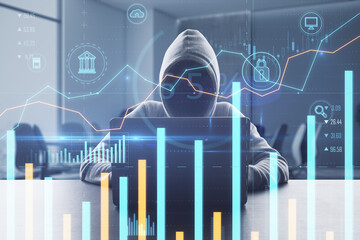 Poster - Hacker sitting at desktop using laptop with creative glowing business chart on blurry office background. Online banking, safety, hacking and finance concept. Double exposure.