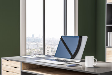 Poster - Close up of empty laptop with reflections on office desktop with coffee cup and city view. 3D Rendering.