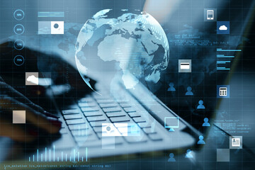 Poster - Close up of hands using laptop on desktop with abstract digital social globe grid hologram on blurry background. Technology, data, information and connection concept. Double exposure.