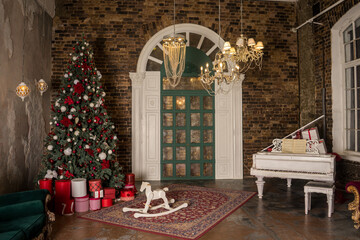 Wall Mural - the piano in the room. interior with christmas tree and piano