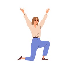 Wall Mural - excited woman rejoices and celebrates triumph, kneeling and raising hands up from joy. joyful cheerf