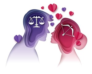 couple with libra, sagittarius horoscope signs, vector paper cut illustration. love compatibility be