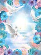Clouds stairs towards shining heaven and white pigeon s beyond flower wreath